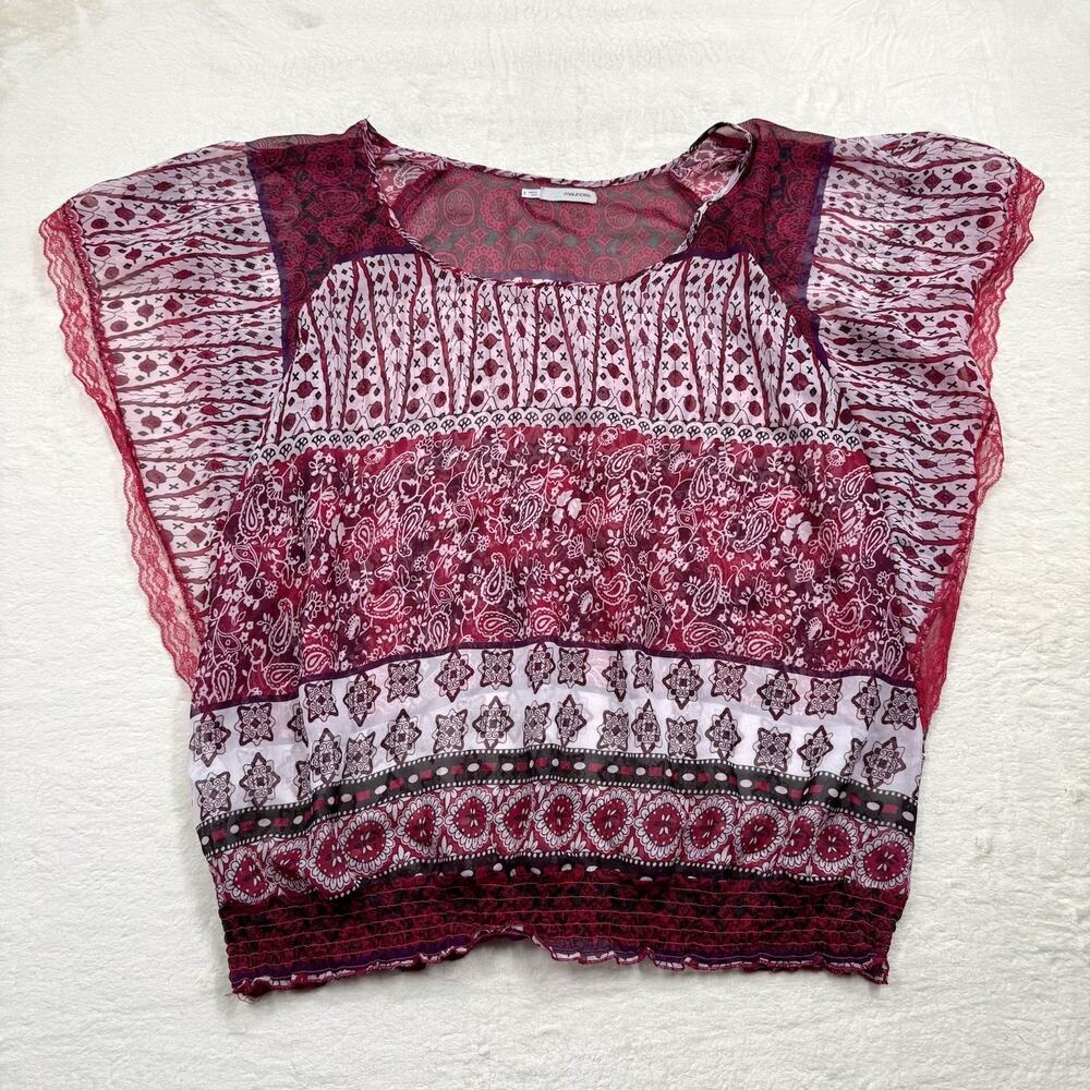 Maurices Blouse Top 3X Plus Boho Burgundy Paisley Floral Lace Trim Smocked Waist
